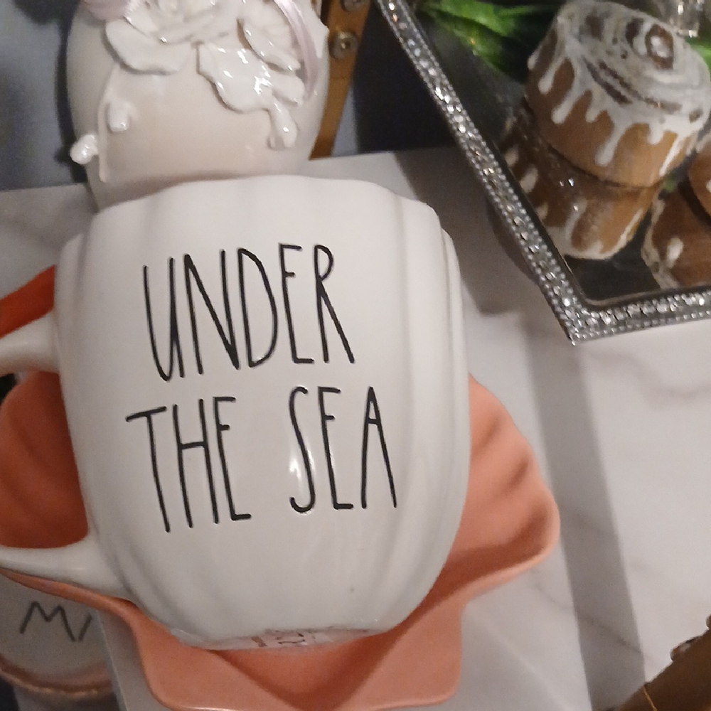 Rae Dunn Disney Double Sided Under the Sea Mug with Sea Shell Shaped Saucer NWT - Picture 7 of 7